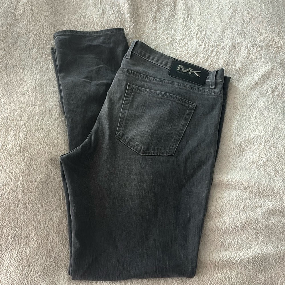 Michael Kors, lightly distressed gray jeans, slim fit